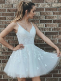 A Line V Neck Short White Lace Prom Dresses, Short White Lace Formal Homecoming Dresses HZ1023