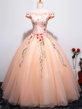 Gorgeous Light Pink Cap Sleeves Embroidery Long Formal Gown, Beautiful Sweet 16 Gowns HZ1023