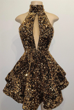 Gold Sequin Halter Keyhole A-Line Short Homecoming Dress HZ1023
