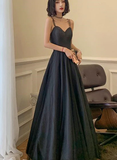 Beautiful Black Straps Tulle With Satin Long Party Dress, Black Evening Dress HZ1023
