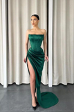 Dark Green Strapless Sleeveless Long Slit Mermaid Prom Dress HZ1023