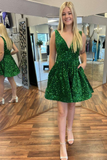 Green Sequin V-Neck A-Line Short Homecoming Dress HZ1023