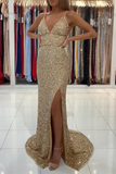 Gold Sequins Mermaid Prom Dress With Slit HZ1023
