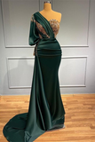 Dark Green One-Shoulder Mermaid Beads Prom Dress With Appliques HZ1023