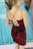 Burgundy Sequins Straps Bodycon Party Dress HZ1023