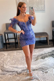 Blue/purple/black/red/white shiny elegant delicate floral beaded lace off-shoulder feather short mini homecoming dress evening gown party dress HZ1023