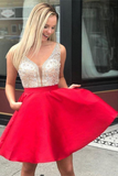 Red Beaded Satin Homecoming Dresses With Pocket Short Prom Dresses HZ1023