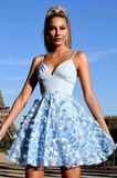 A-Line V Neck Spaghetti Straps Light Blue Lace Above Knee Homecoming Dresses Short Prom Dresses HZ1023