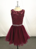 New Handmade Wine Red Knee Length Homecoming Dress, Short Party Dress HZ1023