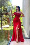 Red One Shoulder Sequins Strapless Split Mermaid Prom Dress With Lace Appliques HZ1023