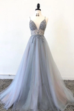Grey spaghetti strap beaded tulle A-line long ball gown evening dress HZ1023