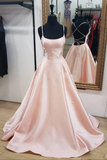 Pink spaghetti straps a-line satin prom dresses HZ1023