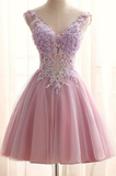 Chic V Neck Pink Tulle Applique Flower See Through Short Prom Dress HZ1023