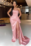 Pink Strapless Long Pleated Prom Dress With Split HZ1023