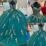 Green Sweetheart Quinceanera Dresses Beaded Appliques Tulle Sweet 16 Ball Gown HZ1023