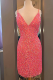 Tight Hot Pink Sequins Short Party Dress HZ1023
