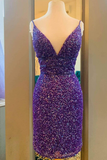 Purple Sequins Tight Short Party Dress HZ1023