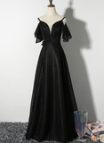 Beautiful Black Straps V-Neckline Long Party Dress, Black Formal Gown HZ1023