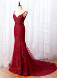 Charming Mermaid Lace Burgundy Prom Dress, Tulle Long Evening Dress HZ1023