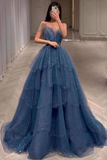 Blue gorgeous sparkling exquisite beaded long tulle ball gown evening dress with rhinestones multi-layered dress HZ1023