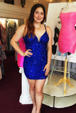 Royal Blue Sequin V-Neck Cutout Back Bodycon Short Dress HZ1023