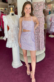 Lilac Sequin Halter Cutout Short Homecoming Dress HZ1023