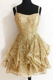A-line Sequins Gold Homecoming Dress, Glitter Short Prom Dress HZ1023