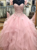Pink gorgeous sweet heart-shaped neckline exquisite floral lace long tulle princess ball gown evening dress sweet 16-year-old adult ceremony dress HZ1023