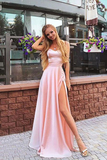Elegant A Line Sweetheart Spaghetti Straps Chiffon Slit Pink Long Prom Dresses HZ1023
