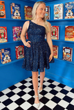 Navy Blue Sequins One-Shoulder A-Line Short Homecoming Dress HZ1023