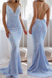 Spaghetti-Straps V-Neck Long Mermaid Prom Dress With Sequins HZ1023