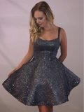 Shiny Spaghetti Straps Dark Grey Sparkly Homecoming Dresses with Pocket, Short Dress HZ1023