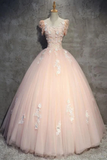 Light Peach Tulle Long Prom Dress With Flowers, Princess Ball Gown Sheer Neck Party Dress HZ1023