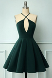 Elegant Halter Neck Dark Green Short Prom Dress, Dark Green Formal Graduation Homecoming Dress HZ1023