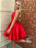 A Line V Neck Short Red Prom Dresses, Short Red Backless Formal Homecoming Dresses HZ1023