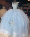 Ball Gown Blue tulle long lace evening dress HZ1023