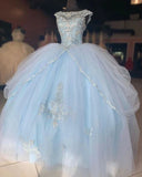 Ball Gown Blue tulle long lace evening dress HZ1023