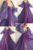 Purple puff sleeves long sleeves long ball gown evening dress HZ1023
