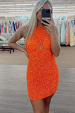 Orange Sequins Cross Front Mini Bodycon Dress HZ1023