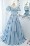 Light Blue A-line Long Formal Dress with Short Sleeves HZ1023
