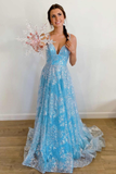 Princess Blue Straps A-Line Long Prom Gown HZ1023