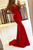 Red Spaghetti-Straps Mermaid Prom Dress With Appliques HZ1023