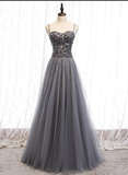 Grey Beaded Straps Sweetheart Shiny Tulle Long Party Dresses, Grey Long Prom Dresses HZ1023