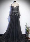 Dark Grey Long Sleeves Lace Applique A-Line Prom Dress, Grey Long Formal Dresses HZ1023