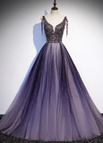 Charming Purple Gradient Tulle V-Neckline Long Party Dress, A-Line Prom Dress HZ1023