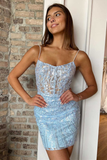Gorgeous Light Blue Lace Straps Mini Party Dress HZ1023