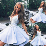 Cute light blue satin v neck short prom dress, lace homecoming dress HZ1023