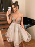 A-Line/Princess V-neck Tulle Sleeveless Beading Short/Mini Homecoming Dresses HZ1023
