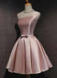 Pink Satin One Shoulder Homecoming Dress, Knee Length Prom Dress HZ1023