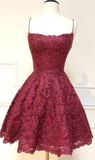 formal short homecoming dresses, spaghetti straps cocktail party dresses, burgundy lace homecoming dresses HZ1023